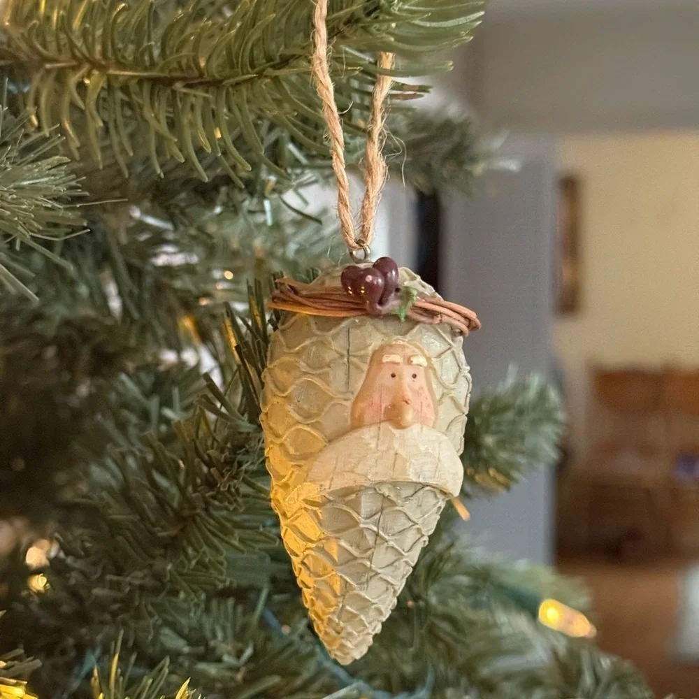 Pinecone Santa Ornament - Cream and Brown